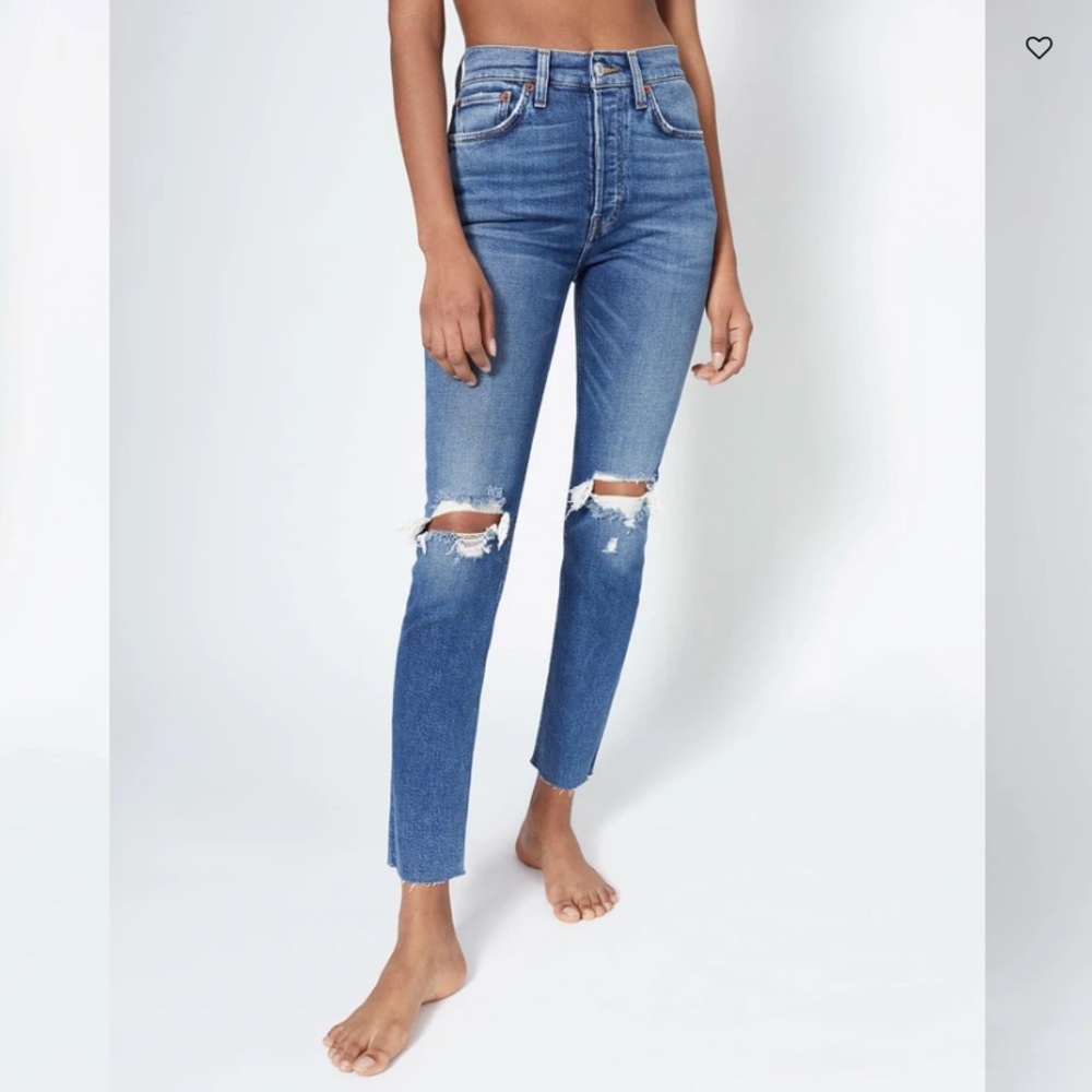 Re/Done Comfort Stretch High Rise Ankle Crop in Dusk Destroy